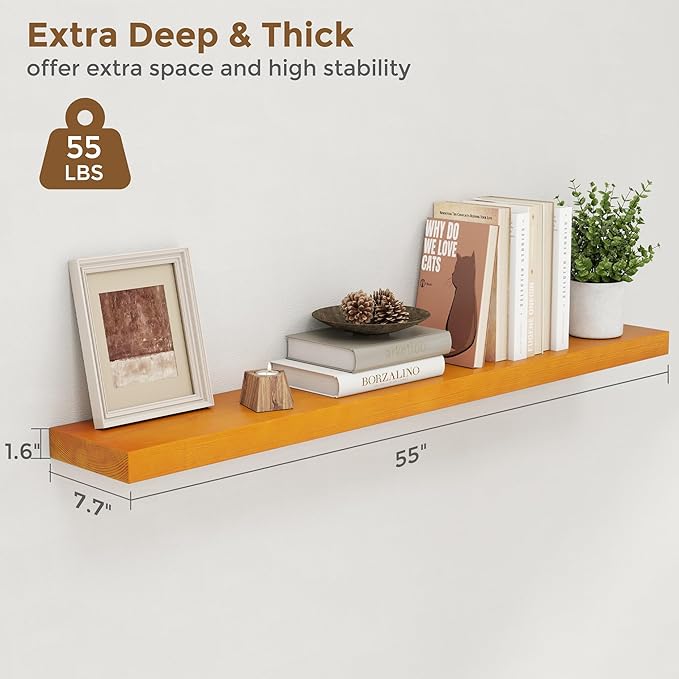 Marsmiles Wood Floating Shelves | 55 Inch Rustic Honey Oak Wall Shelves Set of 2 | 55" W x 7.7" D x 1.6" H Wooden Shelves for Bathroom Living Room Kitchen