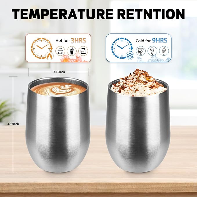 StarSpeed 12oz/8 Pack Wine Tumbler with lid, Stainless Steel Travel Mugs Stemless Double Wall Insulated Coffee Cup, Insulated Wine Glasses Travel Tumbler for Cold & Hot Drinks(Silver, 8)