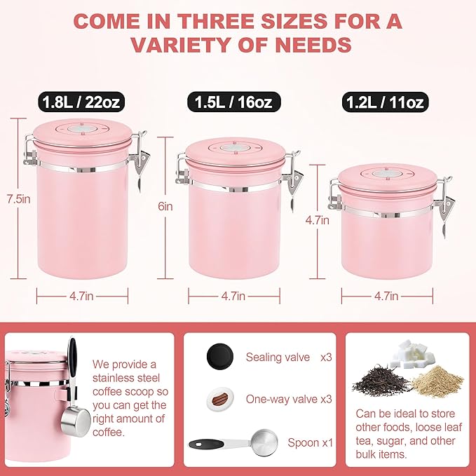 ShanSon Coffee Canister Airtight Coffee Container Stainless Steel Coffee Bean Storage Container with Scoop Coffee Canister for Beans Grounds Sugar Flour Tea Cereal,22OZ, Pink Upgraded Version
