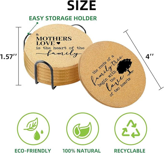 Coasters for Drinks with Holder Set of 6, Family Coasters Home&Love Coaster for New Home Couples House Warming Gifts Absorbent Cork Wood for Cup Desk Coffee Table Office Kitchen Decor, Round 4"