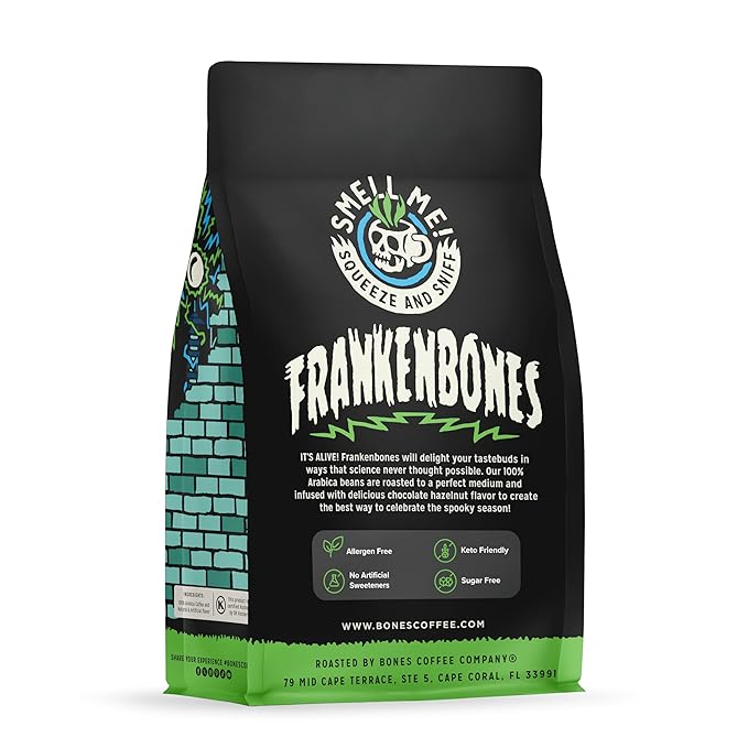 Bones Coffee Company Frankenbones Chocolate and Hazelnut Flavored Coffee, Medium Roast Low Acid Arabica Beans Compatible with Auto drip and French Press Coffee Maker, 12 Oz Whole Bean