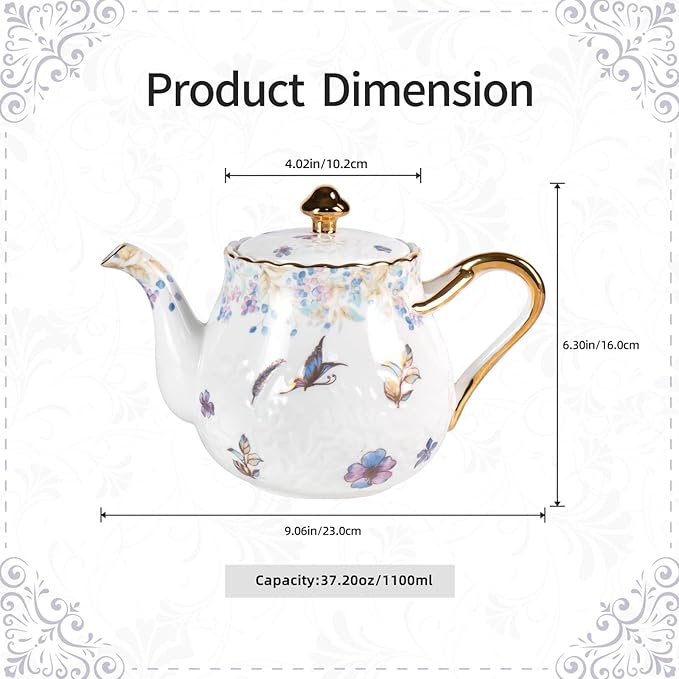 KAMMAK Teapot with Handle, Vintage Porcelain Tea Pot with Gold Trim, Blooming & Loose Leaf Teapot, Festive Holiday Serveware, Gifts for Women, Colorful - 37 oz