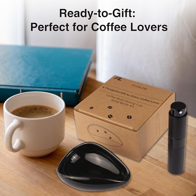 FEUNLEM Coffee Bean Dosing Cup and Spray Bottle Set - Ceramic Espresso Accessories Kit, 8ml Static Reducing Sprayer for Cafe, Home Use | Barista-Approved Dosing Tools (Black)