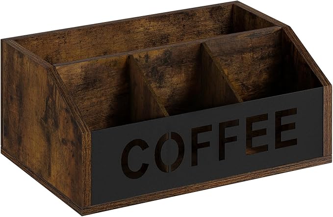 YINMIT Coffee Station Organizer for Countertop, Wood Coffee Bar Organizer with Removable Dividers for Pods, Syrup, Cups, Stirrer, Tea - Office Bar Accessories (Iron Sheet-Vintage Brown, 1 Tier)