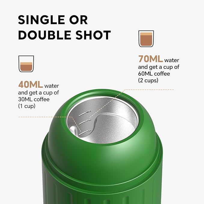 Portable Espresso Machine with 3-4 Min Self-heating, 12V Rechargeable Electric 2-in-1 Coffee Machine Compatible with NS Capsules and Ground Coffee for Car Camping Travelling Office Home , Green