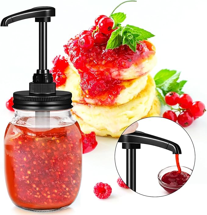 Wide Mouth Mason Jar Honey Pump Dispenser Lid & 4pcs Sticker,Food Grade Plastic pumps and 3.38 Inch Stainsteel Steel Lids Rust Proof Leak-Proof for Jam Ketchup Sauce NO JAR QurHapzy