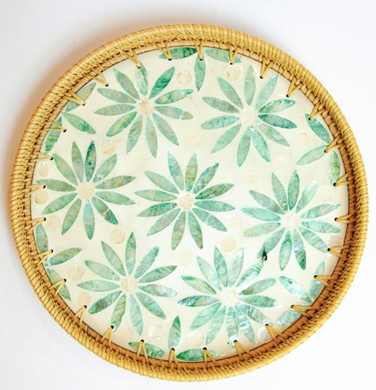 Magenta & Teal Round Rattan Serving Tray with Mother of Pearl Inlay, Wicker Coffee Table Decor, Farmhouse Style (Light Blue Flower Pink)