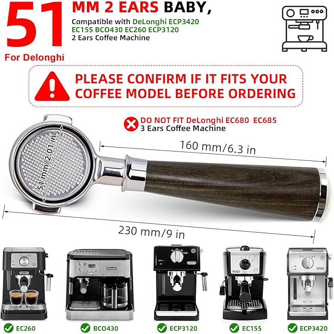 51mm 2-Ear Bottomless Portafilter for DeLonghi ECP3420, EC155, EC260, BCO430 - Nakeds Portafilter with-Black rosewood Handle & Double Shot Filter Basket (NOT for Dedica EC685/EC785)