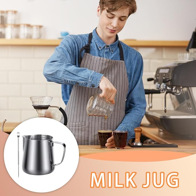 Milk Steamer Cup - Milk Frother Pitcher 350ml/12oz Withscale And Decorating Pen, Latte Art Pitcher,Stainless Steel Espresso Cups | Accessories For Kitchen Bar Travel Cafe Restaurant
