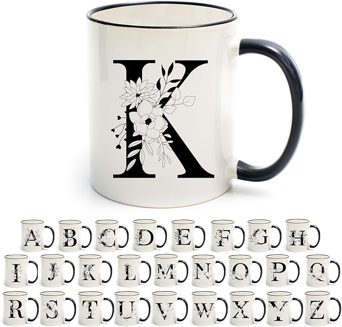 Monogram Ceramic Coffee Mugs, 11 oz Initial Drinking Cup with Gift Box, Unique Birthday Valentines Day Gifts for Women Wife Mothers Day Grandma Mom Aunt, K