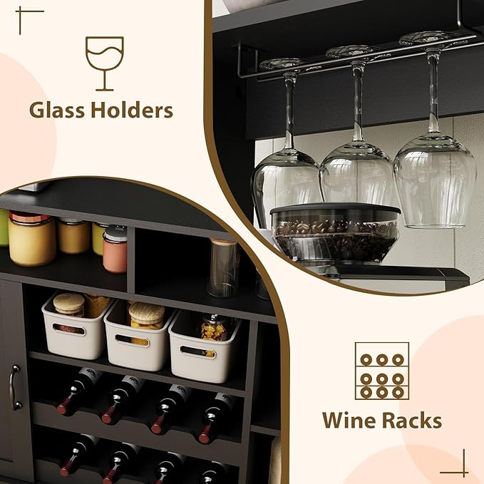 47 in Farmhouse Coffee Bar Cabinet with Charging Station & Wine Racks, Rustic Wood Kitchen Buffet Cabinet, Wine Bar Table for Dining Room Living Room, Black