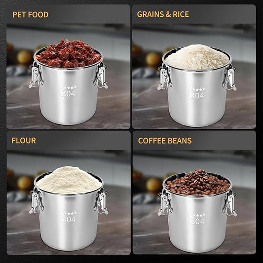 21L/5.6GAL and 12L/3.2GAL Stainless Steel Airtight Canister, Food Storage Canisters with Lid&Locking Clamp for Rice Flour Sugar Grain Coffee Bean Storage Containers (12L & 21L,2 CANISTERS)