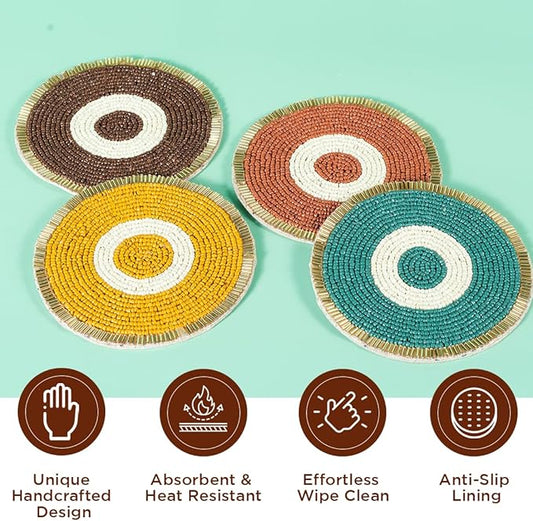 Folkulture Hand-Crafted Evil Eye Enchanment Beaded Coasters Set of 4 | Handmade Round Drink Coasters for Coffee Table & Bar | Boho Evil Eye Home Décor | Housewarming Gifts,Valentine Gift