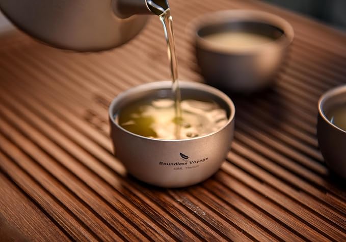 iBasingo Titanium Double Wall Mini Cups Small 40ml Tea Cups for Drinking, Whiskey, Espresso, Coating-Free, Dishwasher Safe Ti3204D (Titanium Color * 2)