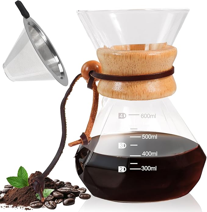 Pour Over Coffee Maker 600ml 20.3oz Glass Drip Coffee Maker with 304 Stainless Steel Filter High Borosilicate Glass Duckbill Spout Solid Wood Handle Pour Over Coffee Dripper for Daily Brewing