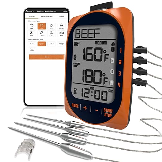Meat Thermometer Digital Instant Read Food Thermometer Grill Thermometer Smart Bluetooth BBQ Thermometer Oven Thermometer with 4 Probes Time Mode Temper Mode for Grill Candy Meat Oven Food Smoker