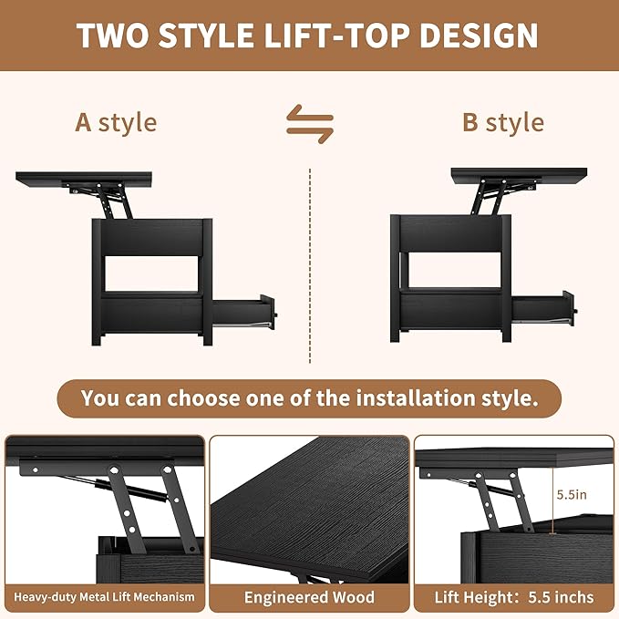 42'' Lift Top Coffee Table, 4-in-1 Multifunctional Lift Coffee Table with Storage & Hidden Compartments, Farmhouse Coffe Table with Lifting top for Living Room, Dining Reception Room, Black