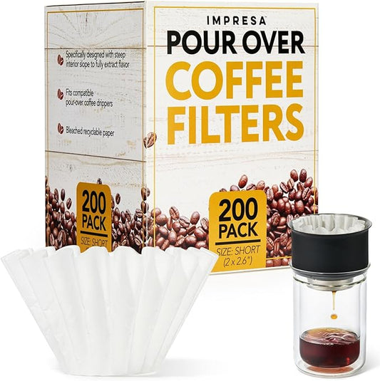 IMPRESA Disposable Flat-Bottom Coffee Filters - Even Extraction for Pour Over Coffee Maker - Collapse-Resistant High-Wall Design - Mess-Free Pour Over Brewing - 200 Count, White