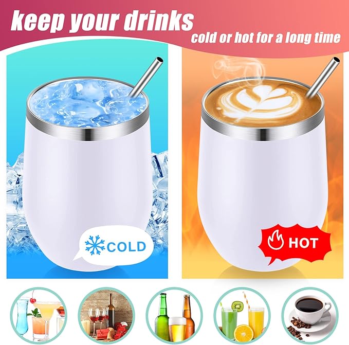 16 Pack Stainless Steel Wine Tumblers 12 oz Insulated Vacuum Wine Cup Set Double Wall Stainless Steel Stemless Mug Glasses for Coffee Soda Whiskey Outdoor Travel (White)