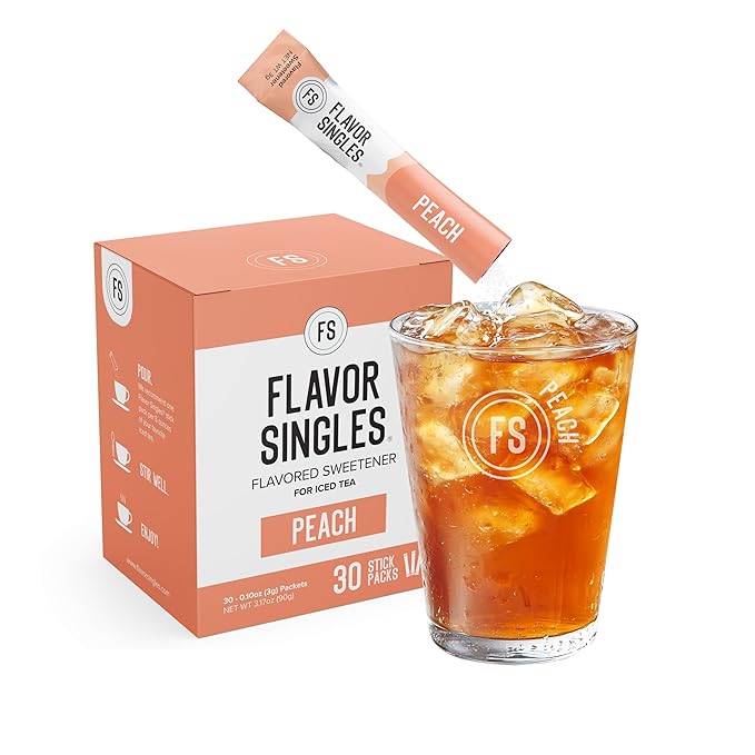 Flavor Singles Peach Powdered Sweetener Packets for Tea, Travel Ready Single-Serve Syrup Alternative, 30 Count (Pack of 1)