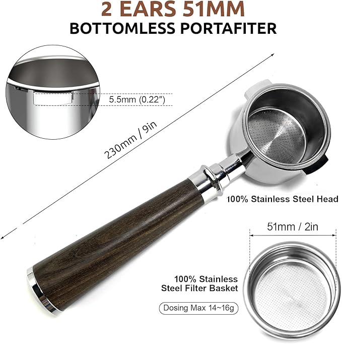 51mm 2-Ear Bottomless Portafilter for DeLonghi ECP3420, EC155, EC260, BCO430 - Nakeds Portafilter with-Black rosewood Handle & Double Shot Filter Basket (NOT for Dedica EC685/EC785)