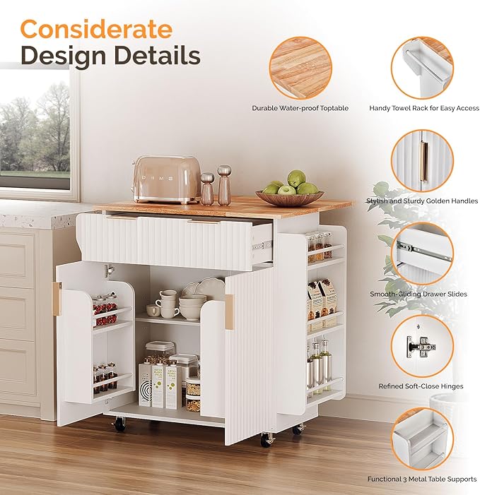 VINGLI Kitchen Island with Storage, Rolling Cart on Wheels with Foldable Drop Leaf, Drawer & Door Cabinet, Portable Kitchen Cart for Meal Prep & Organization, White