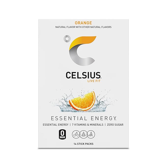 CELSIUS On-the-Go Powder Stick Zero Sugar,Orange,5.20 Oz,(Pack of 28)