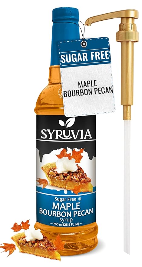 Syruvia Sugar Free Coffee Syrup, Maple Bourbon Pecan Flavored Syrup for Drinks, Lattes, and Desserts – 25.4 fl oz, With Pump