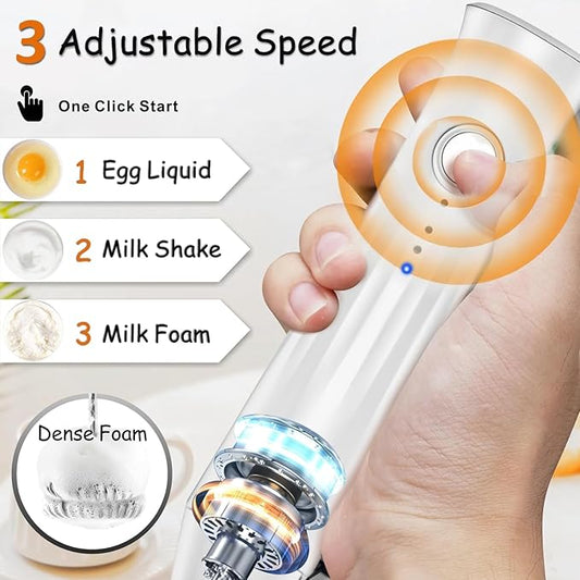 Rechargeable Milk Frother Wand 3 in 1, Handheld Drink Mixer Electric Whisk Stirrer Coffee Foam Frother with 3 Stainless Steel Whisks, 3 Speeds, USB-C Protein Powder Mixer for Cappuccino, Egg, White