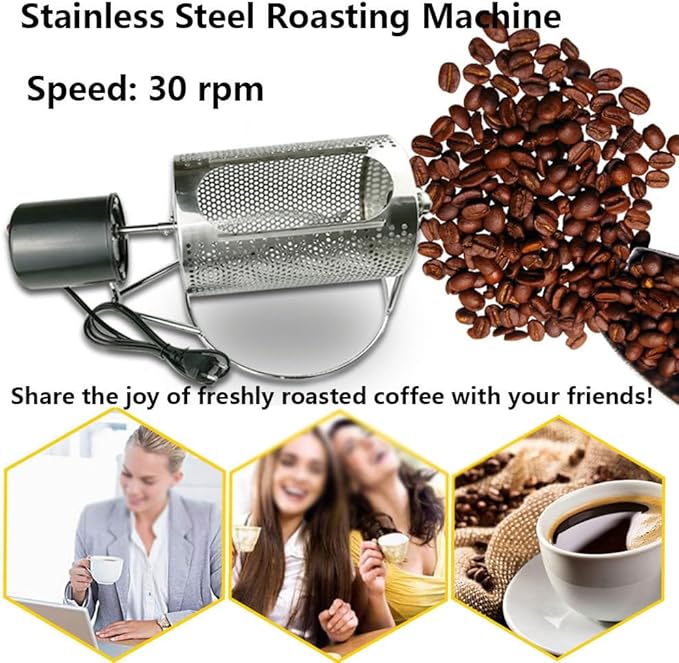 Coffee Roaster Machine for Home Use, Stainless Steel Roasting Machine with Visible Window and Stainless Steel Tray, Speed 30 Rum/Min, 250g Capacity for Grains Baking Nuts Beans