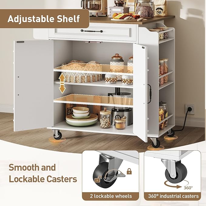 Kitchen Island with Power Outlets & Drop Leaf, Rolling Kitchen Cart on Wheels, Kitchen Storage Island with Spice Rack and Drawer for Kitchen, Dinning Room, White and Walnut