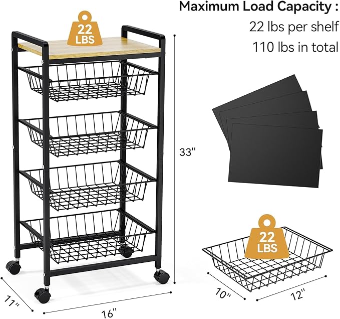 TOOLF 5-Tier Kitchen Cart with Tabletop, Rolling Snack Cart with Lockable Wheels, Fruit Vegetable Storage Basket with 4 Pack Mats, Metal Storage Rack with Pull-Out Pantry Cart for Organizer