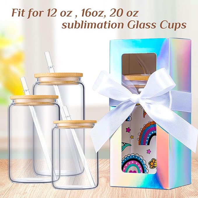 Honoson 24 Pcs Tumbler Gift Box with Ribbon for Sublimation Glass Exhibition Boxes Transparent for 12oz 16oz 20oz Drinking Cup Glasses Jars Mug Can Blanks(Laser Color)