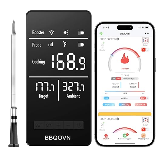 BBQOVN Smart WiFi Wireless Meat Thermometer Unlimited Range 7 NIST Cert.Sensors Accuracy ±0.5°F Sub-1G (10X Stronger than Bluetooth)APP&Digital Base,Monitor for BBQ, Grill,Oven, Smoker(1, Black,Small)