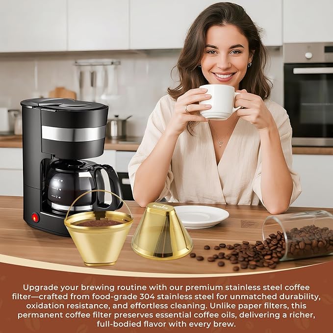 Gold Stainless Steel Coffee Filter - Reusable Ninja Filter, Cuisinart Replacement | Fits Ninja Dual Brew Pro, Cuisinart DCC-3400 & #4 Cone Makers (2-Pack)