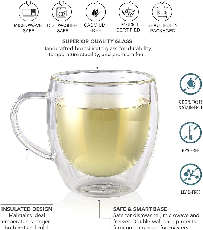 Teabloom Lead-Free Double Walled Cups – Set of 2 Insulated Glass Cups for Tea, Coffee, Espresso, and More – 8 oz / 250 ml – Clarity Collection