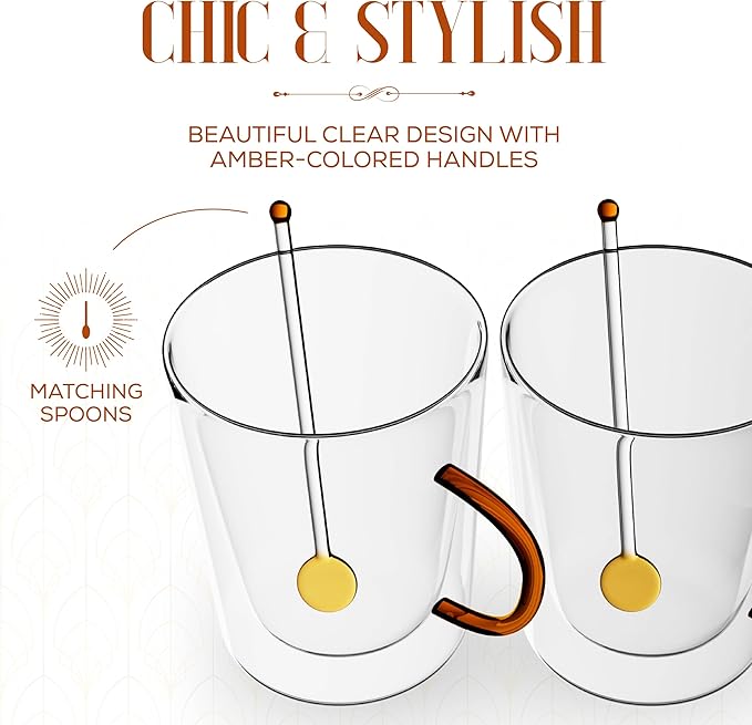 Elle Decor Double Wall Glass Coffee Mugs with Spoons | Set of 2 | Glass Cups with Colored Handles | Clear Coffee Mugs for Latte, Cappuccino, Espresso Coffee, Tea and Hot & Cold Beverages (Amber)