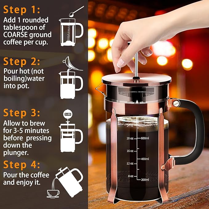 YMMIND French Press Coffee Maker 304 Stainless Steel Coffee Press,with 4 Filters System, Heat Resistant Thickness Borosilicate French Press Glass, BPA-Free Brewed Tea Pot Coffee Plunger(Copper 12oz)