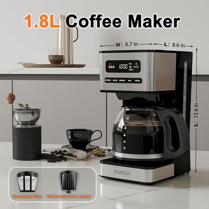 REVOTRA 12-Cup Programmable Coffee Maker, Regular & Strong Brew Drip Coffee Machine, 1-4 Cup and Ice Coffee Setting, 24H Timer, Auto Shut-Off, Keep Warm, Pause & Serve