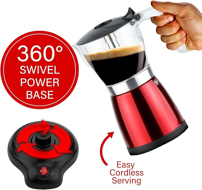 Brentwood TS-119R 550-Watt Cordless Electric Moka Pot Espresso Machine, 6-Servings (Red)