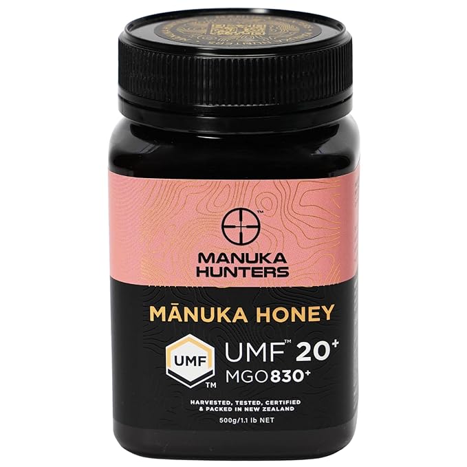 Manuka Hunters UMF 20+/MGO 830+ Certified New Zealand Manuka Honey - 100% Pure Natural Sweetener - Gluten, Dairy Free - Ideal for Tea, Coffee, Smoothies, and Baking - Sustainable - 1.1lb/500g Jar