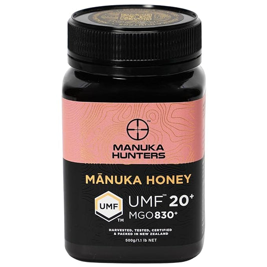 Manuka Hunters UMF 20+/MGO 830+ Certified New Zealand Manuka Honey - 100% Pure Natural Sweetener - Gluten, Dairy Free - Ideal for Tea, Coffee, Smoothies, and Baking - Sustainable - 1.1lb/500g Jar
