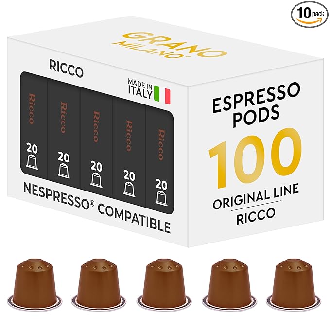 Grano Milano Ricco Coffee Capsules - 100 Aluminum Coffee Pods Compatible with Nespresso Original line, Dark Roast - Intensity 11/12, Made in Italy