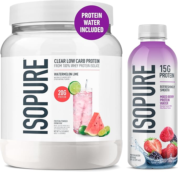Isopure Clear Whey Isolate Watermelon Lime Protein Powder 16 Servings + 1 Bottle of Clear Protein Water with Electrolytes, 15g Whey Protein Isolate, Zero Sugar, Mixed Berry, 20 fl oz Bottle