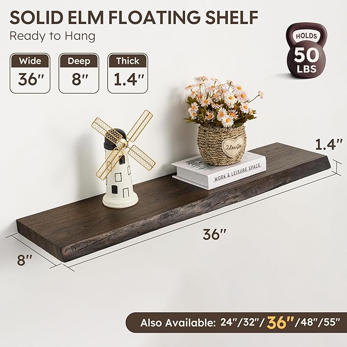 Floating Shelves Set of 2, Solid Elm Wood Wall Shelves 36 Inch - Invisible Bracket Mount for Living Room, Bedroom, Kitchen, Bathroom - Brown