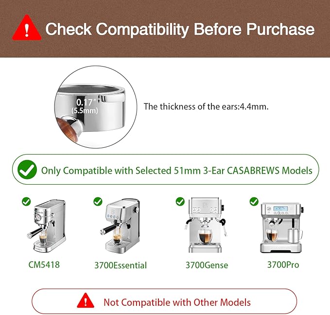51mm Bottomless Portafilter with Puck Screen, 3 Ears Stainless Steel Head, Compatible with CASABREWS CM5418, 3700Essential, 3700Gense Espresso Machines, Includes 304 Stainless Steel Filter Basket