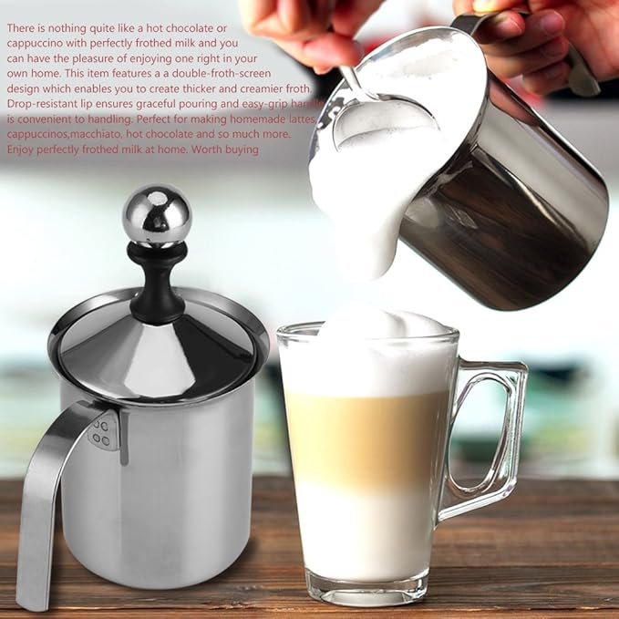 Stainless Steel Milk Frother Pitcher, Manual Coffee Foamer, 800ML Capacity, with Lid and Handle