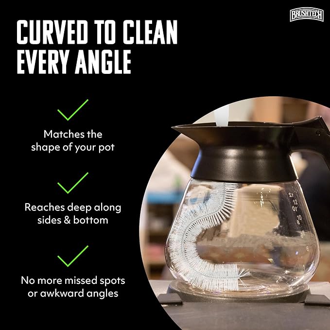 Brushtech Coffee Pot Cleaning Brush - Curved Design for Deep Clean Coffee Pot Care with Soft Bristles, Comfortable Handle, No-Soap Scrubbing Action – Made in The USA