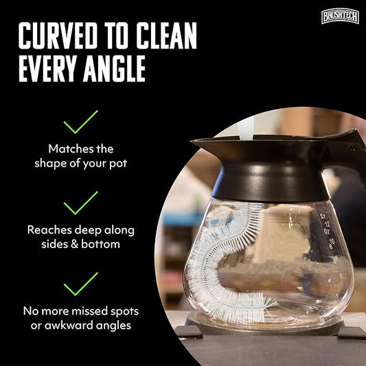 Brushtech Coffee Pot Cleaning Brush - Curved Design for Deep Clean Coffee Pot Care with Soft Bristles, Comfortable Handle, No-Soap Scrubbing Action – Made in The USA