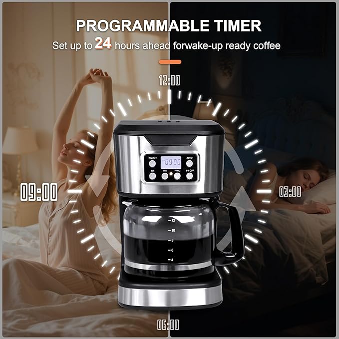 Programmable Coffee Maker 12 Cup Brew & Drip coffee machine, Fully Automatic, 1-4 Cup Setting, Stainless Steel, Keep- Warm Function, Household, Home and Office, Black